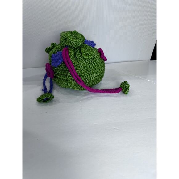 Vintage Handmade Crochet Purse Drawstring With Lining Round Pouch Flower Design - Picture 9 of 16